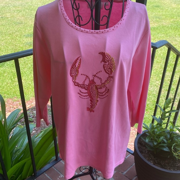 QUACKER FACTORY LOBSTER EMBELLISHED  3/4 SLEEVE T-SHIRT PINK SIZE MEDIUM - Picture 2 of 9